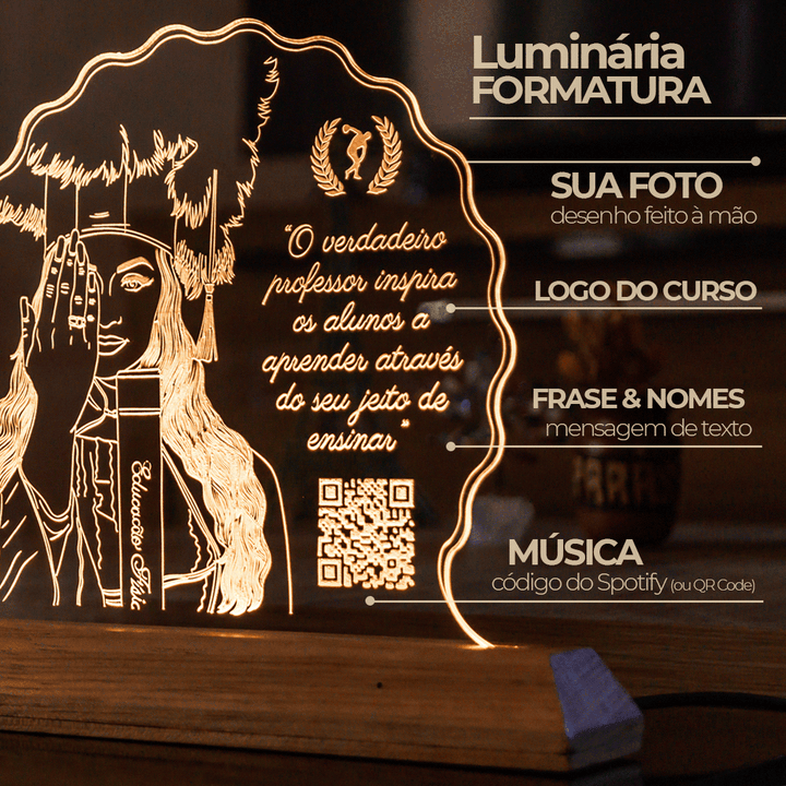 Luminária Formatura - Personalizada com Foto, Logo do Curso, Frase e Música