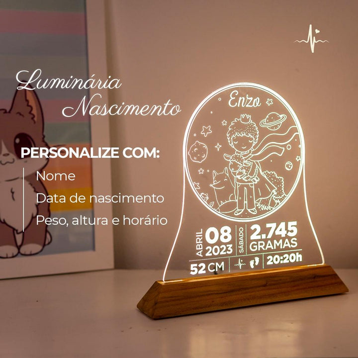 Luminária Nascimento do Bebê Tema Pequeno Príncipe - Personalizada com Informações de Nascimento